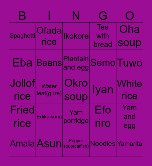 Food choice Bingo Card