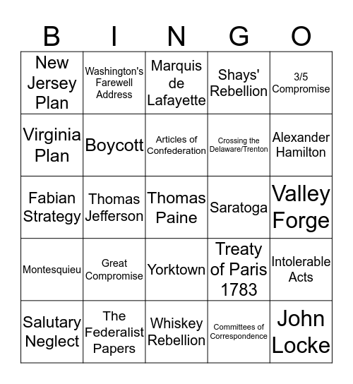 Revolution & Constitution Bingo Card