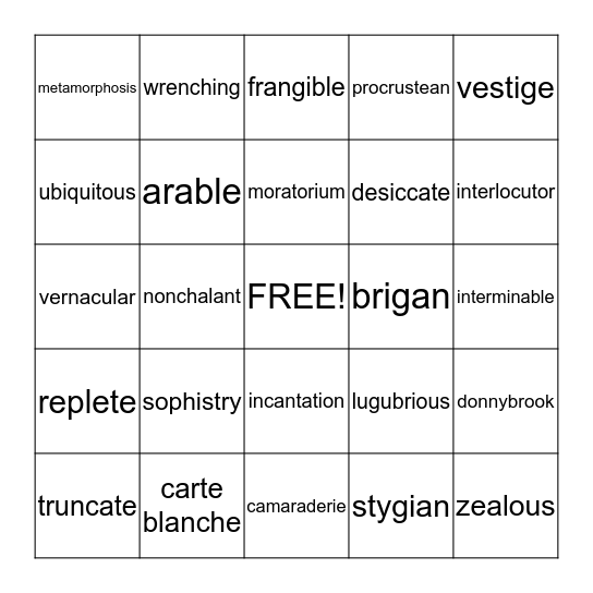 Vocabulary Review #2 Bingo Card