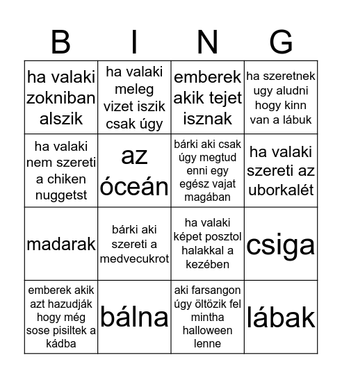 dolgok amik furák/amiktől félek Bingo Card