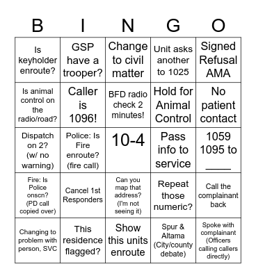 Things they say - Police & Fire Bingo Card