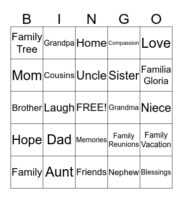 Gloria Family Bingo Card