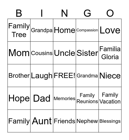 Gloria Family Bingo Card