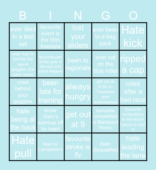 Fleetwood Swim Club Bingo Card