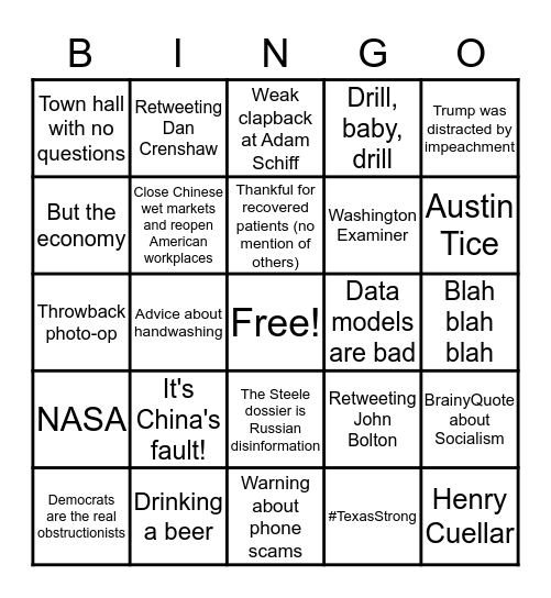 John Cornyn Twitter Bingo Card