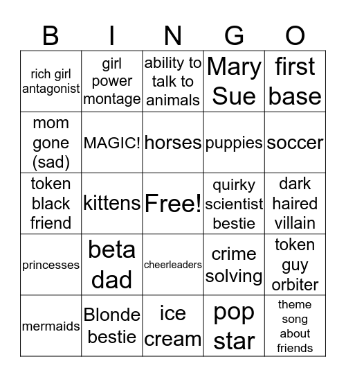 Pre-pubescent girls' show Bingo Card