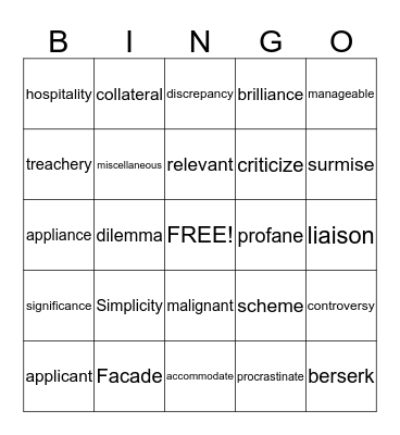 Word of the Day Bingo Card