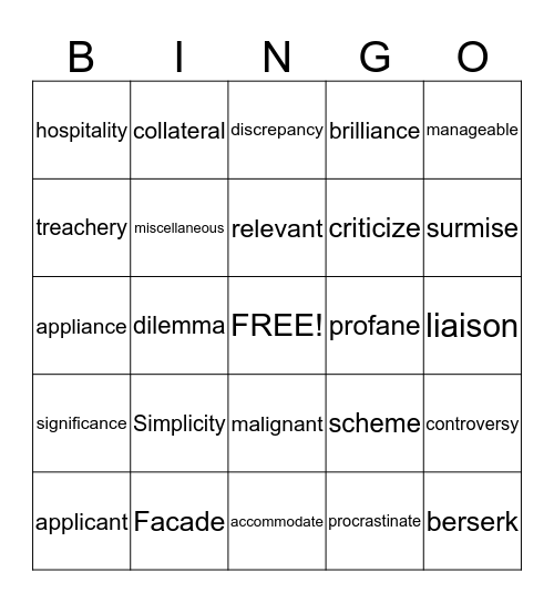 Word of the Day Bingo Card