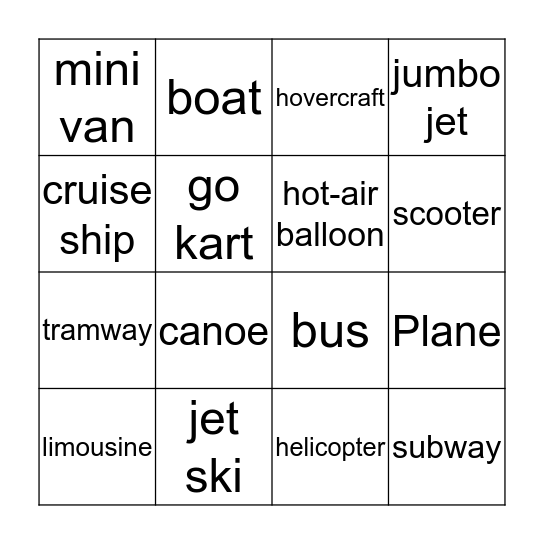 means of transportation Bingo Card