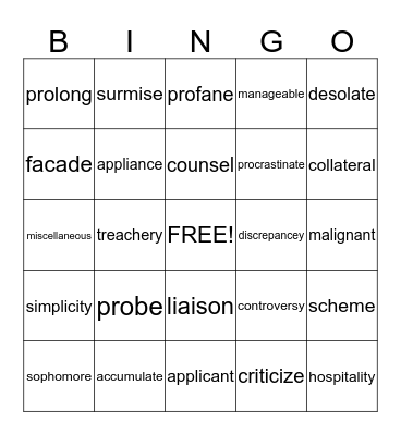 Word of the Day Bingo Card