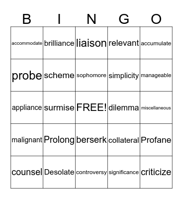 Word of the Day Bingo Card