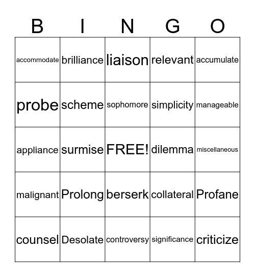 Word of the Day Bingo Card