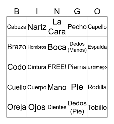 Parts of the Body in Spanish Bingo Card