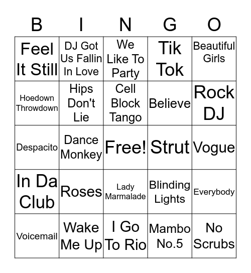 Name That Tune Bingo Card