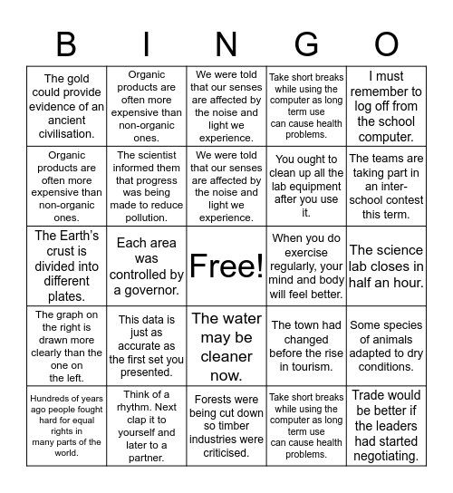 CLIL 1.3 Bingo Card