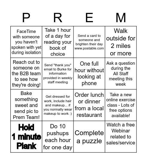 Prem Team Bingo Card