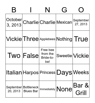 Vickie & Charlie tie the Knot! Bingo Card