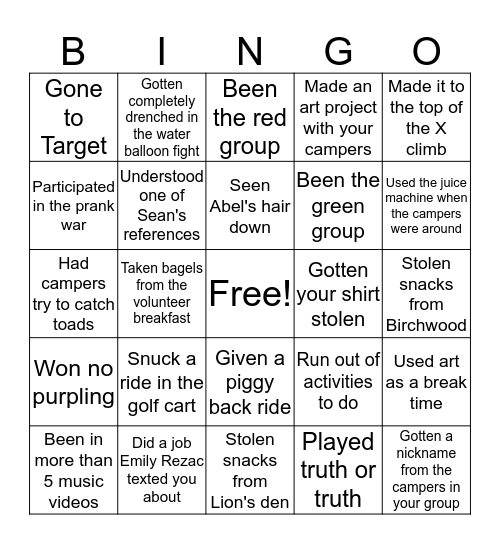 Camp Angel Bingo Card