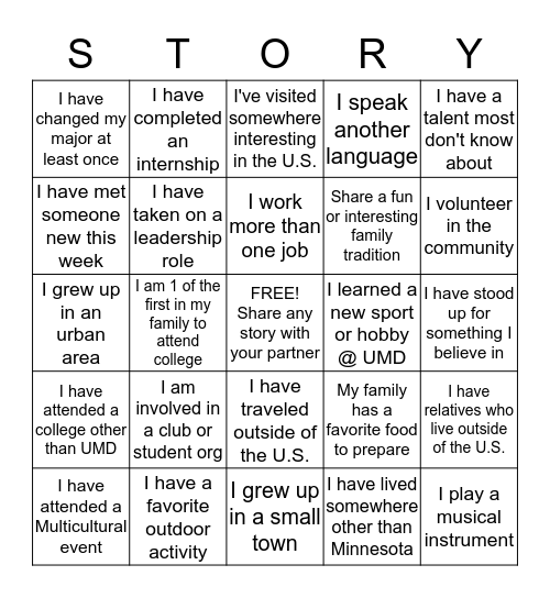 Share Your Story Bingo Card