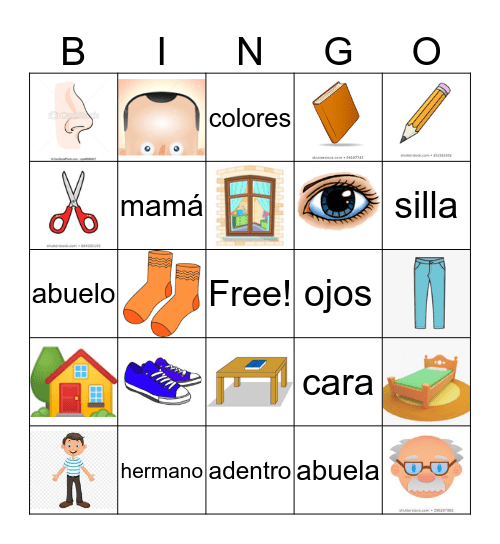Spanish Fun Bingo- Words & Pictures: Body, home, Family Bingo Card