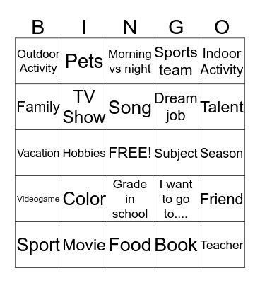 My Favorites Bingo Card