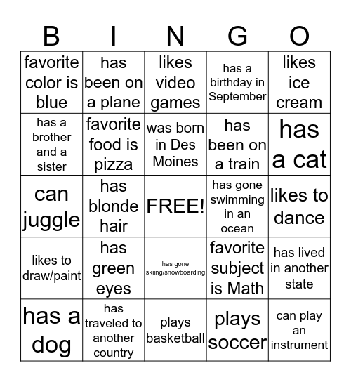 Beginning of the Year Bingo! Bingo Card