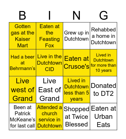 Dutchtown Bingo Card