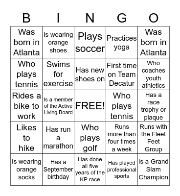 Team Decatur Bingo: Find someone who...... Bingo Card