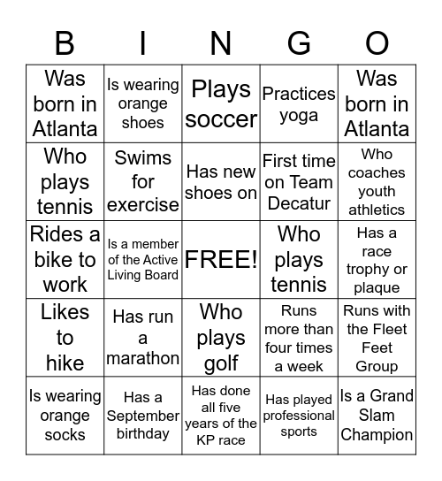 Team Decatur Bingo: Find someone who...... Bingo Card