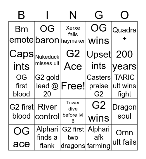 G2 vs OG Bingo Card