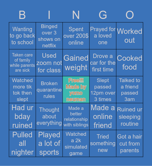 Quarintine activities Bingo Card