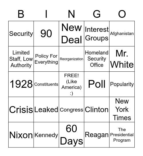 The Presidential Program Bingo Card