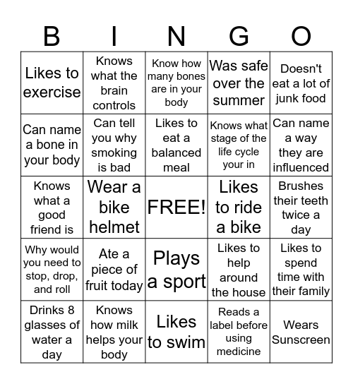 Health Bingo Card