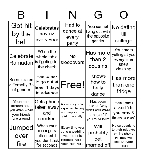 Middle eastern bingo Card