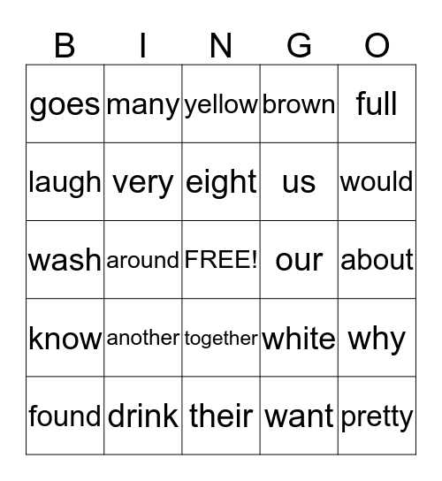 High Frequency Bingo Card