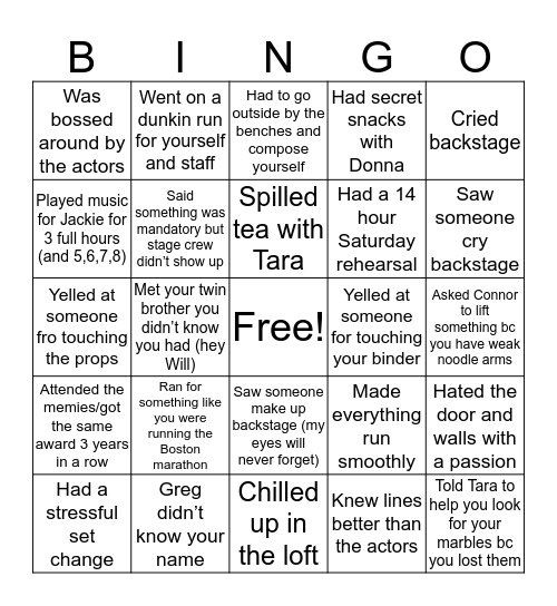 IC stage crew Bingo Card