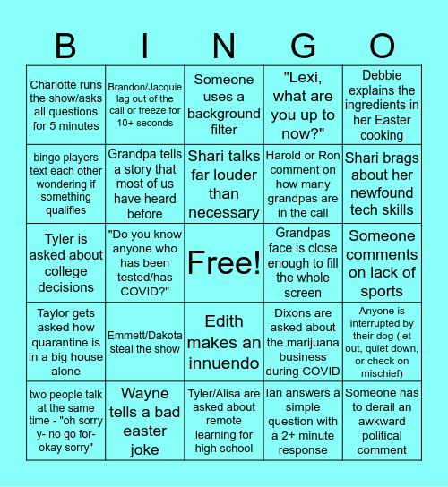 Family Easter Zoom Call Bingo Card