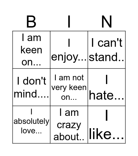 Likes/ Dislikes Bingo Card