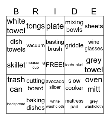 Bridal Bingo Card