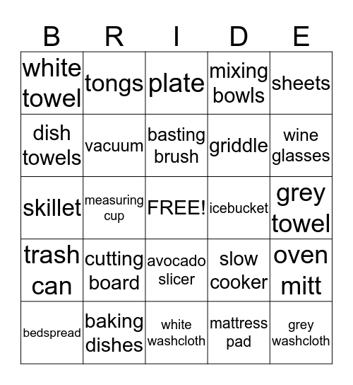 Bridal Bingo Card