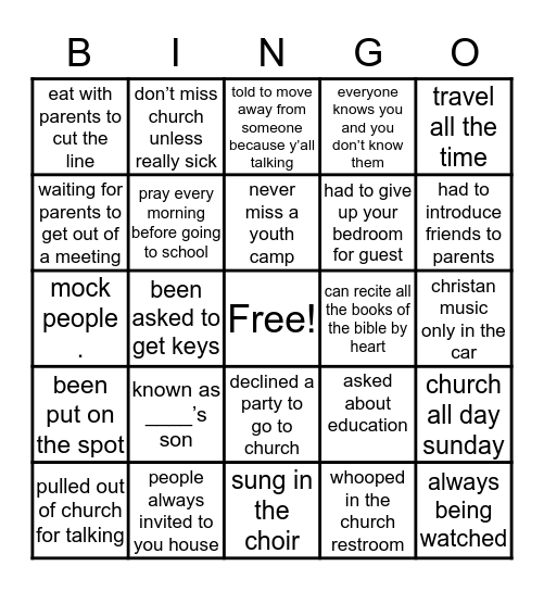 Preachers Kids Bingo Card