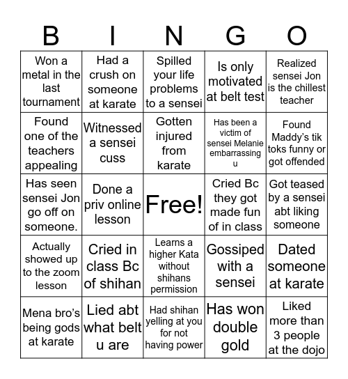 Karate bingo Card