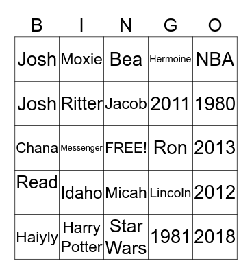 Ritters Bingo Card