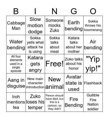 Avatar the Last Airbender Bingo Card