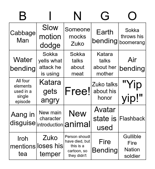 Avatar the Last Airbender Bingo Card