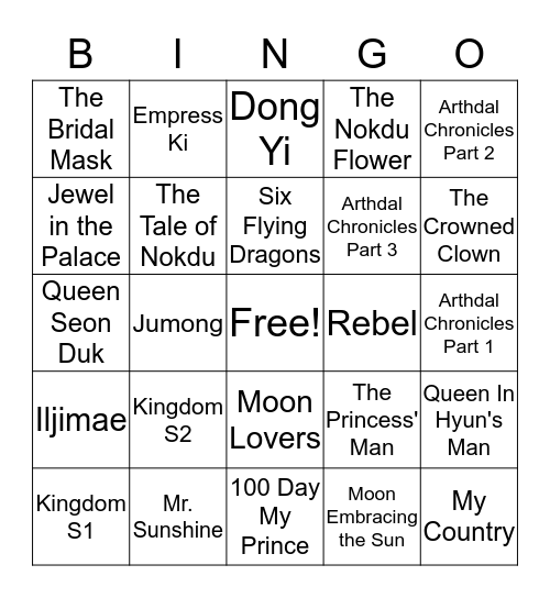 Top Rated Historical K-Dramas Bingo Card