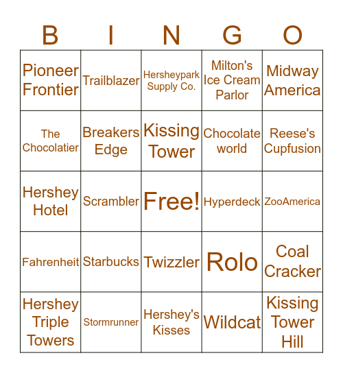 Hersheypark Bingo Card