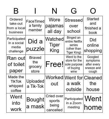 Quarantine Bingo Card