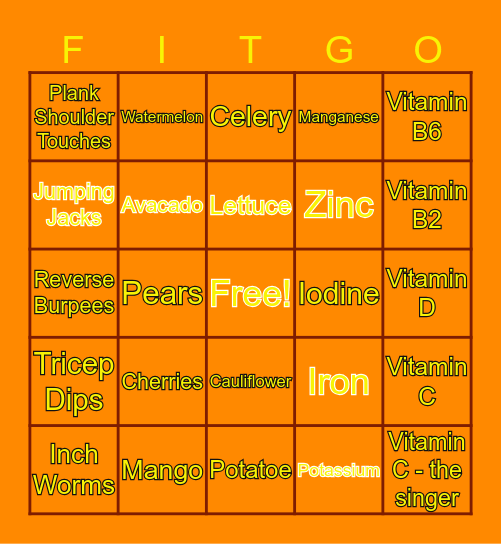 MPJH PE FITGO1 Bingo Card