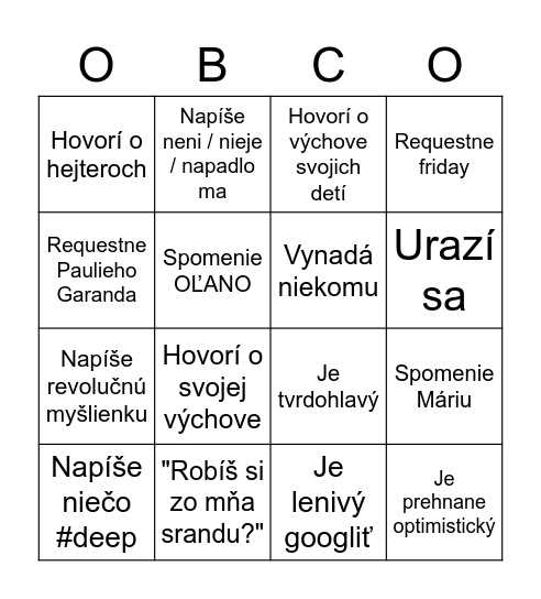 Obco bingo Card